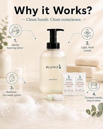 Blumix foaming hand soap is gentle, low waste and available in compact lighly scented tablets.