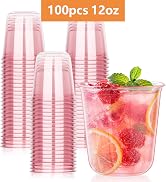 KesaPlan 100 Pcs Pink Plastic Cups, 12oz Disposable Stemless Wine Glasses for Cocktail Cute Clear...