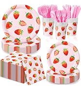 QIYANPAX 168 Pcs Strawberry Birthday Decorations, Includes Plates, Napkins, Cups, Cutlery for Ber...