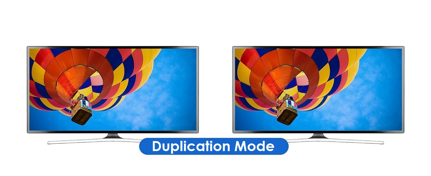 Two identical flatscreen TVs displaying a colorful hot air balloon image against a blue sky. Text below reads 'Duplication Mode'.