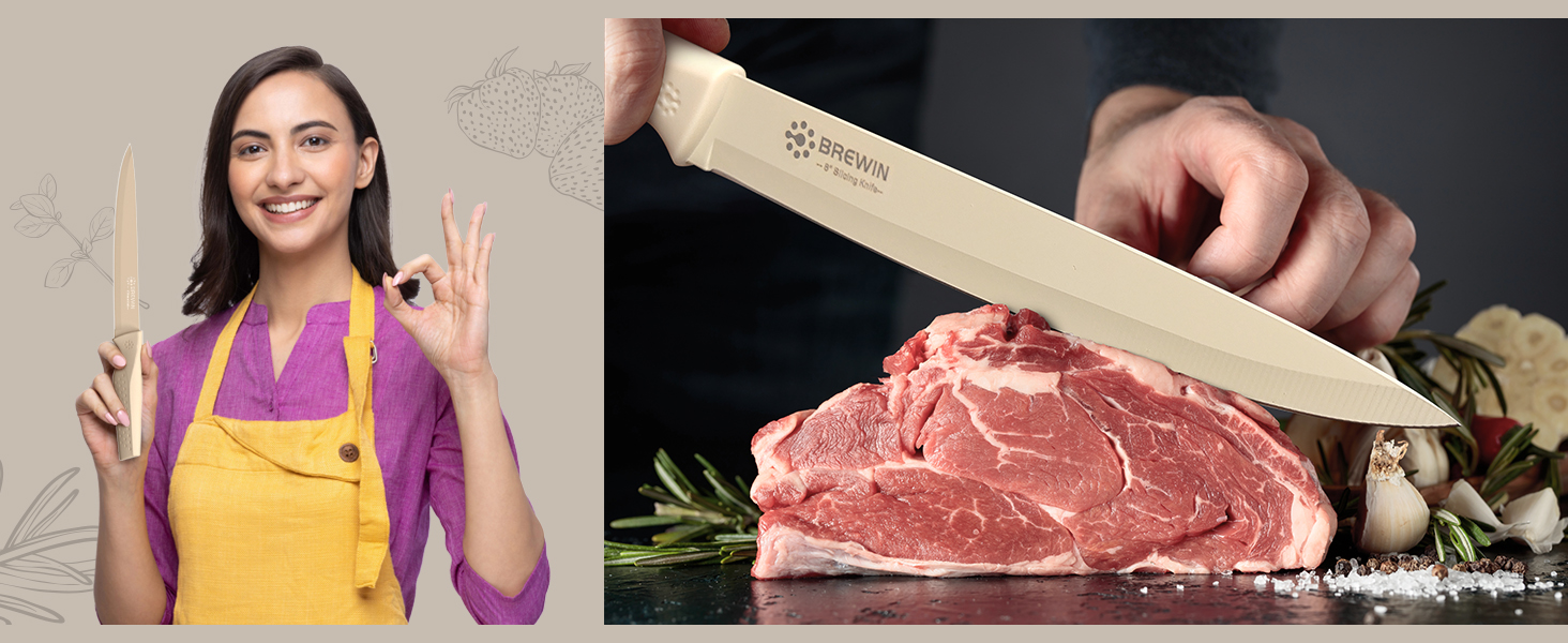 Slicing knife cutting raw steak, shown with smiling user holding kitchen knife confidently