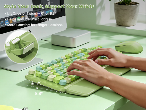 Green Multi-Color retro keyboard and mouse with adjustable tilt legs for comfortable typing.