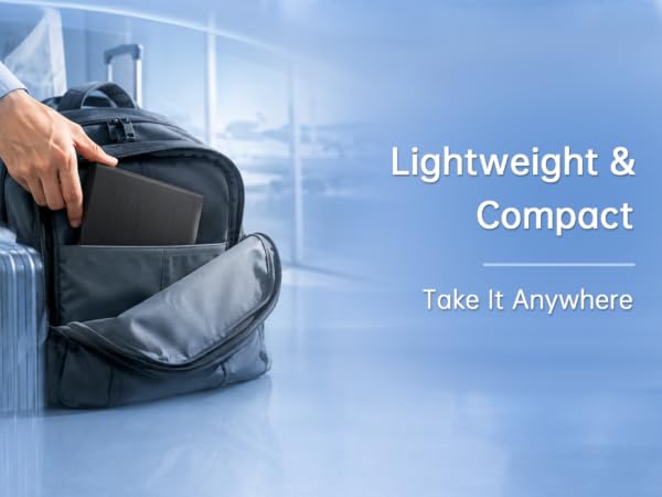 Text reads "Lightweight & Compact" and "Take It Anywhere". Black shoulder bag displayed being held against white wall, demonstrating portability and compact design.