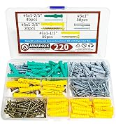 AIMUNOK 220PCS Drywall Anchors and Screws Kit, 110 Plastic Dry Wall Anchors & 110 Philips Flat He...