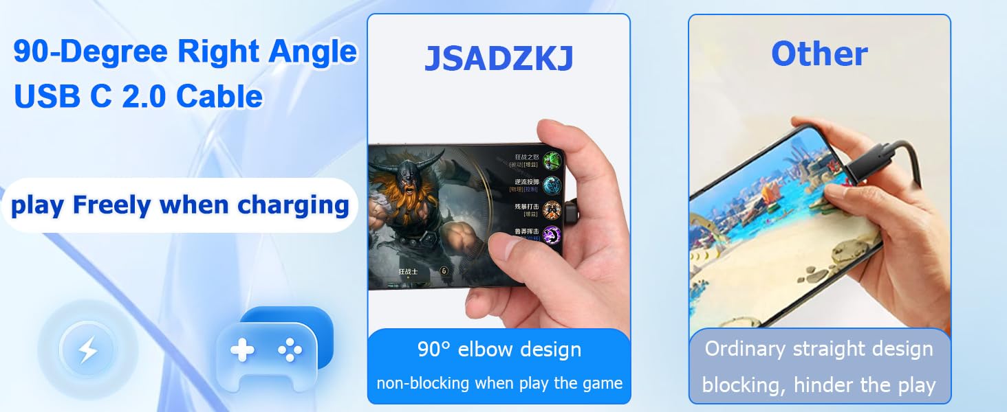 Technical product details showing '90-Degree Right Angle USB C 2.0 Cable' and 'JSAD2KJ'. Multiple charging cable connection images with blue highlighting.