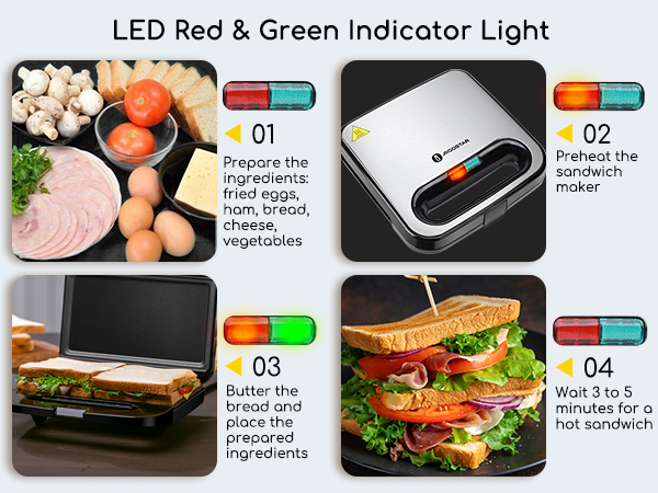 tostadora de pan sandwichera with red and green indicator light preheat firstly