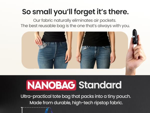 Person holding Nanobag pouch ultra-compact reusable bag that fits on a keychain