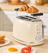 Wiltal Toaster Retro 2 Slice, Vintage White Toaster with Lid, with Bread Attachment, Preheat, Def...
