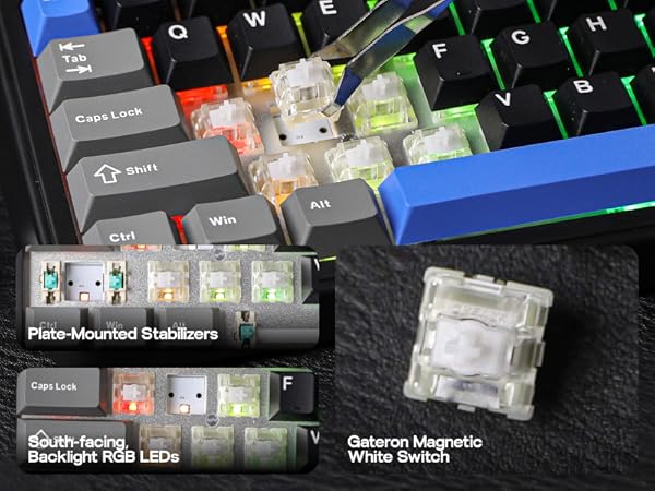 Mechanical keyboard with RGB lighting, featuring transparent switches and plate-mounted stabilizers. Close-up shows Gateron magnetic white switch and south-facing backlight RGB LEDs.
