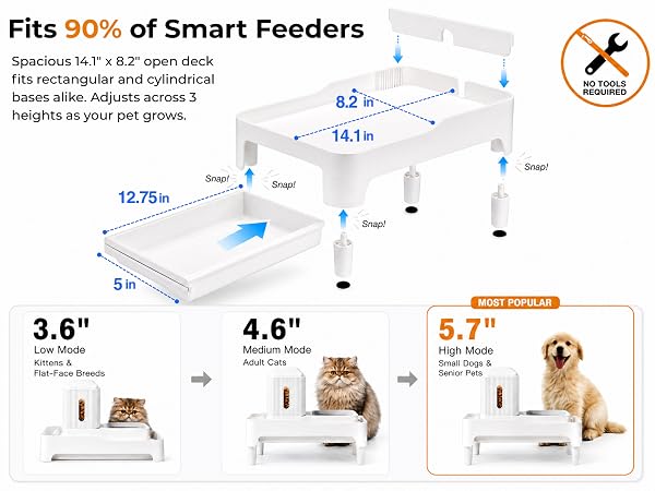 14.1x8.2 inch flat elevated pet stand platform dimensions and 3 height levels for pet feeders