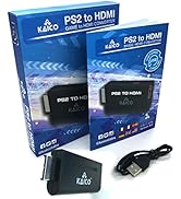 Text reads 'PS2 to HDMI' on blue product packaging. Shows converter device and USB cable. Product box displays blue sky background with tech-style graphics.