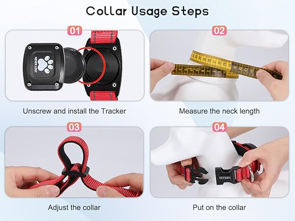 MYIWB Dog Collar Usage Steps: Install Tracker, Measure Neck, Adjust & Put On