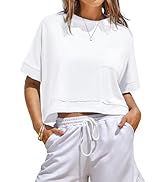 Fisoew Womens Oversized Crop Tops Workout Short Sleeve T Shirts Summer Casual Loose Fit Basic Tee...
