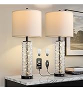 Oneach 27.75” Table Lamps Set of 2, Black Modern Bedside Lamp with LED Night Light, USB A+C, Glas...