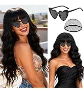 PLULON Black Wavy Wig with Bangs for Women, Long Wavy Curly Wigs with Hair Cap Heart-Shaped Sungl...