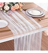 Mwellewm White Pearl Table Runner 120 Inch 10FT Wedding Table Decor White Tulle Gauze Fabric Lace...