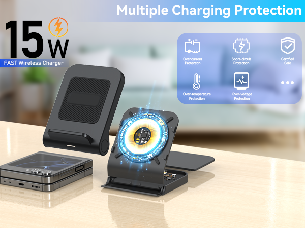15W fast wireless charger with multiple charging protection features. Two black charging stands, one flat and one angled, displayed on wooden surface with smartphone.