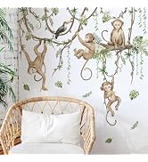 3D Cartoon Monkeys Climbing Tree Vines Wall Stickers - Removable Watercolor Style Peel & Stick Wa...