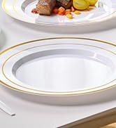 JOLLY CHEF 100Pieces Gold Plastic Plates, 10 Inch Disposable Plates White Plate with Gold Rim,Hea...