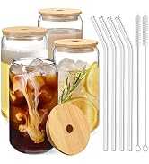 Drinking Glasses with Bamboo Lids and Glass Straw 4pcs Set - 16oz Can Shaped Glass Cups, Beer Gla...