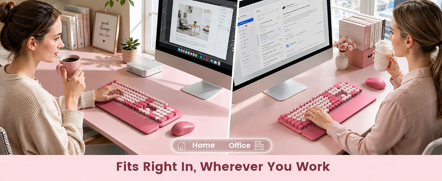 Pink round-key keyboard and matching mouse with wrist rest used in home and office desk setups.