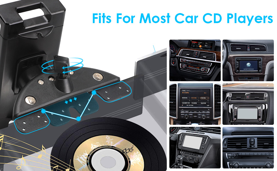 Text reads 'Fits For Most Car CD Players'. Collection of images showing a car stereo adapter device from different angles and installation views in various car dashboards.