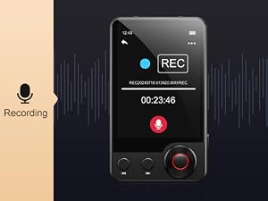 Smartphone screen showing audio recording interface with REC button, timer display, microphone icon, and sound wave visualization in dark mode.
