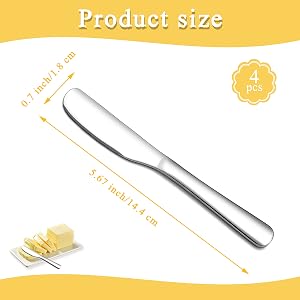 Text reads 'Product size'. Technical diagram showing measurements and dimensions of metal utensils against yellow background with measurement indicators.