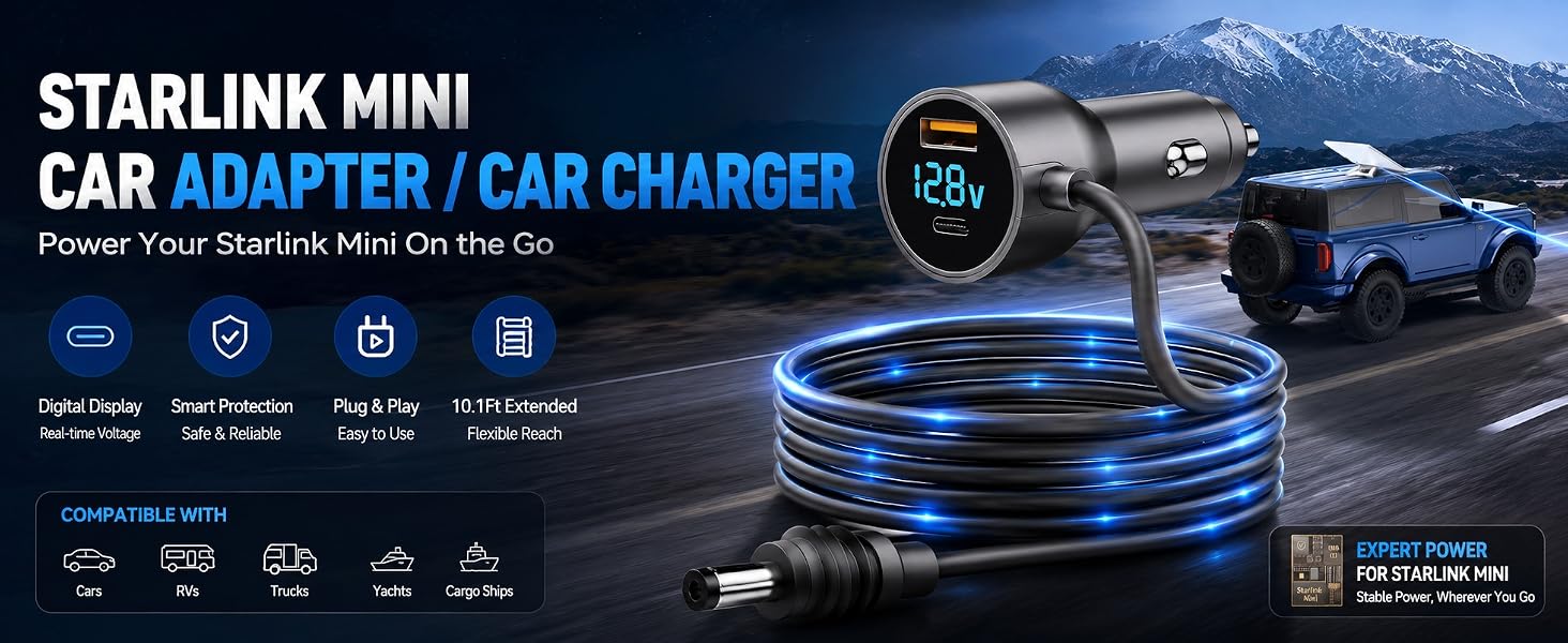Starlink Mini car charger adapter with digital voltage display plug and coiled DC power cable