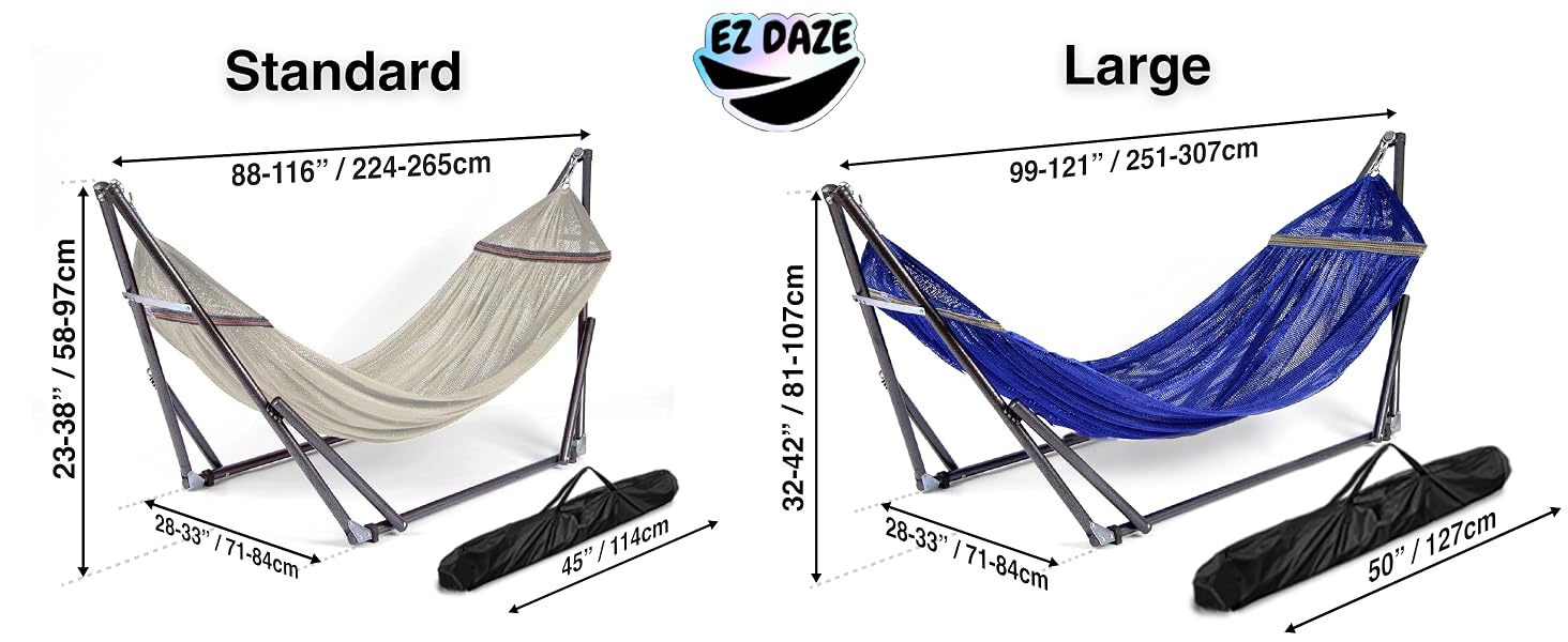Standard and Large Hammocks dimension guides with carry bags shown