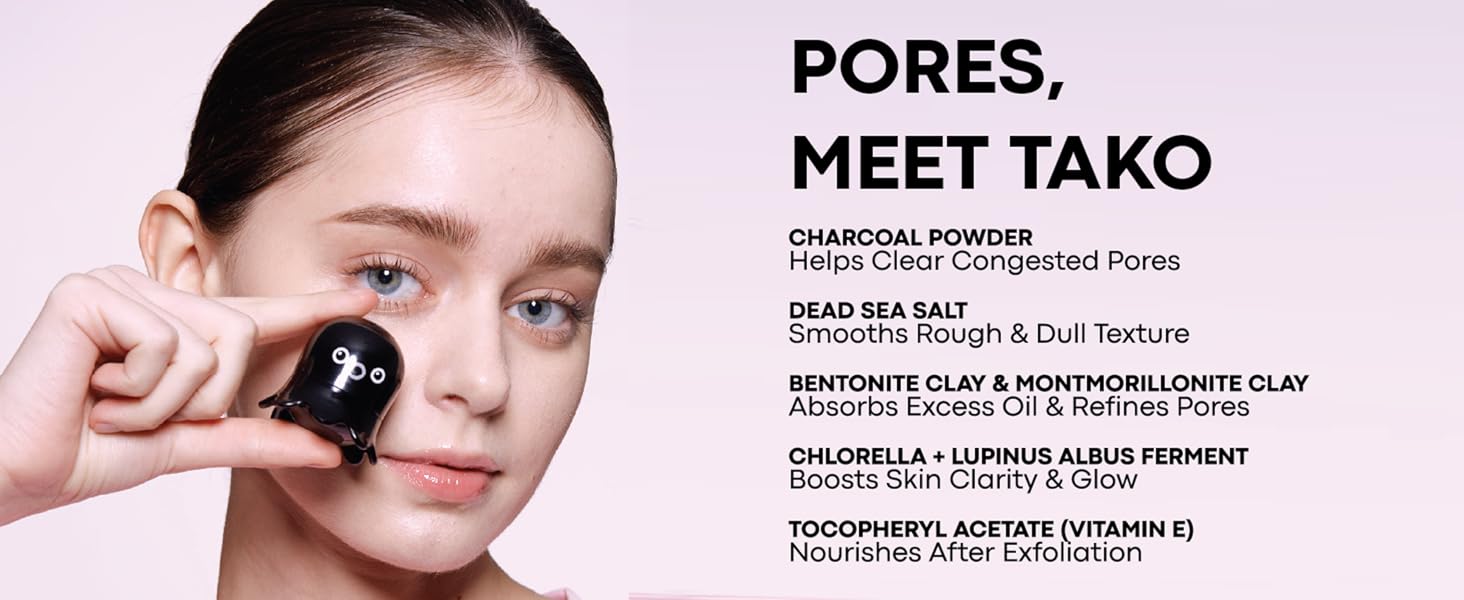 Model with Tako Scrub Stick; key ingredients: Charcoal, Clay, Dead Sea Salt