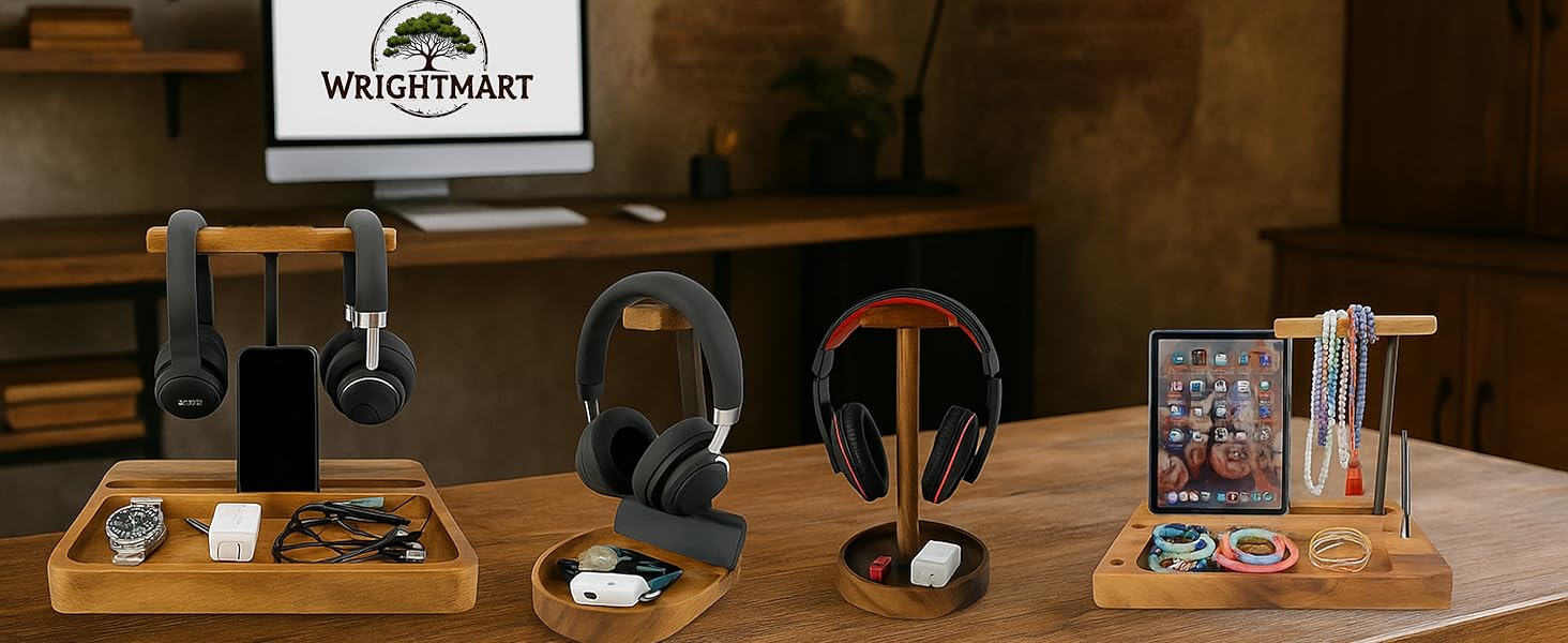 Soporte de auriculares wood dual headset accessory stand holder desk organizer storage tray hanger