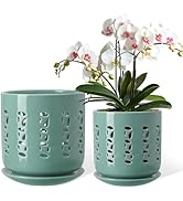 BUYMAX Ceramic Orchid Pot, 5 Inch+6 Inch Planter with Drainage Holes and Tray, Indoor Flower Pot ...