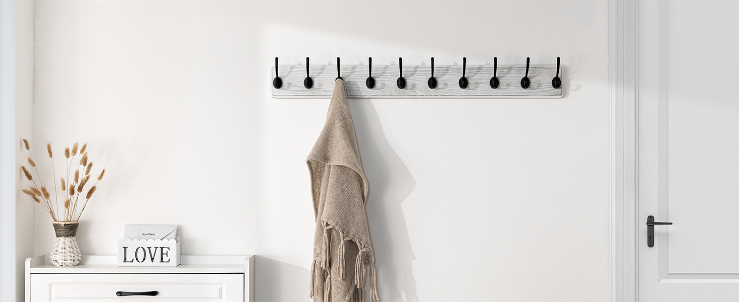 SKOLOO LARGE COAT RACK WALL MOUNT WHITE WITH 10 HOOKS