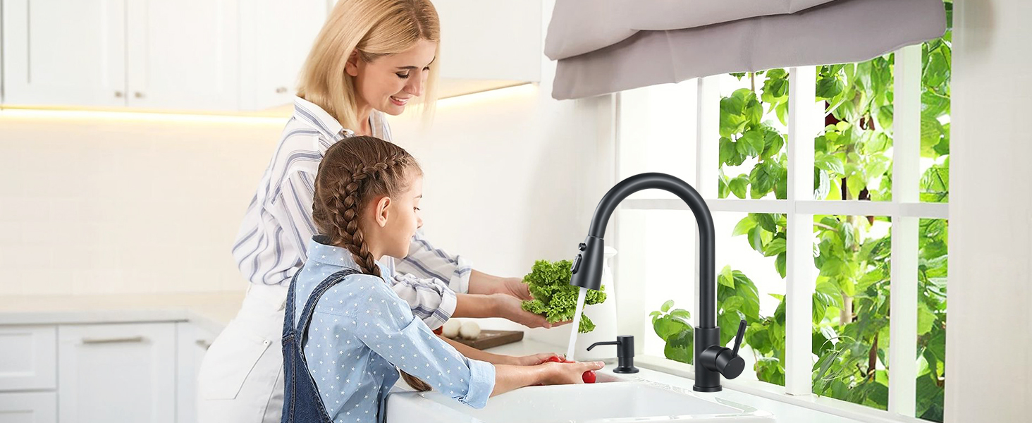 Black kitchen faucet with soap dispenser