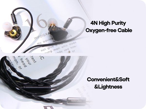 Text reads '4N High Purity Oxygen-free Cable' and 'Convenient&Soft Lightness'. Close-up images of audio cable connections and components.
