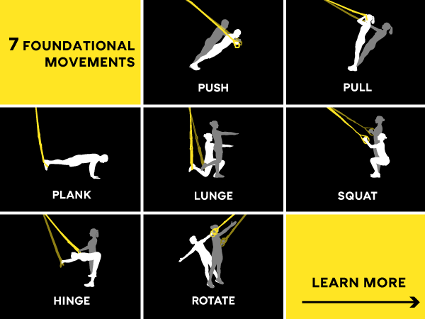 The 7 foundational movements from TRX. Text reads: Learn about the 7 Foundational Movements.