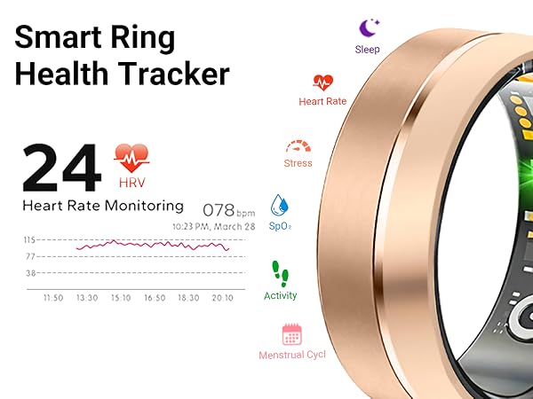 Smart Ring featuring health tracking for heart rate, HRV, sleep, stress, SpO2, activity and cycle