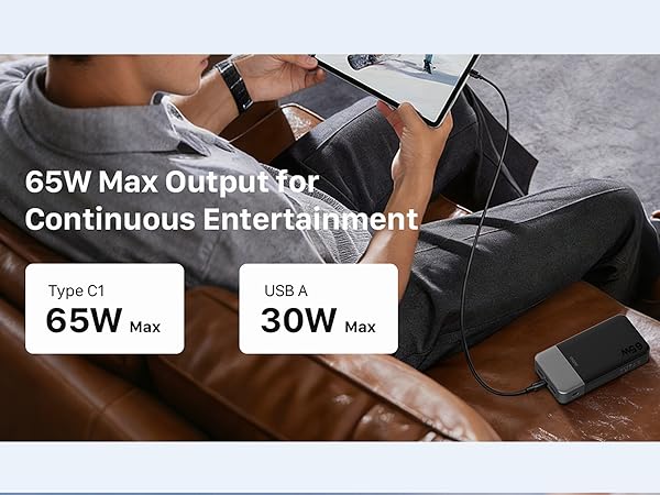 Text reads '65W Max Output for Continuous Entertainment', 'Type C1', '65W Max', 'USB A', '30W Max'. Shows dark-colored electronic device or charger against textured surface.