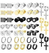 NEWITIN 24 Pairs Stainless Steel Earrings for Men Hypoallergenic Inlaid Cubic Zirconia Studs Hoop...