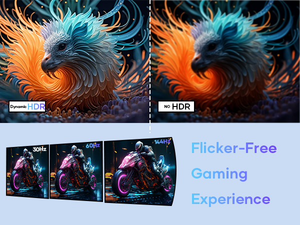 Split-screen comparison of gaming display technology showing HDR vs non-HDR images, with a blue and orange bird graphic demonstrating flicker-free gaming capabilities.