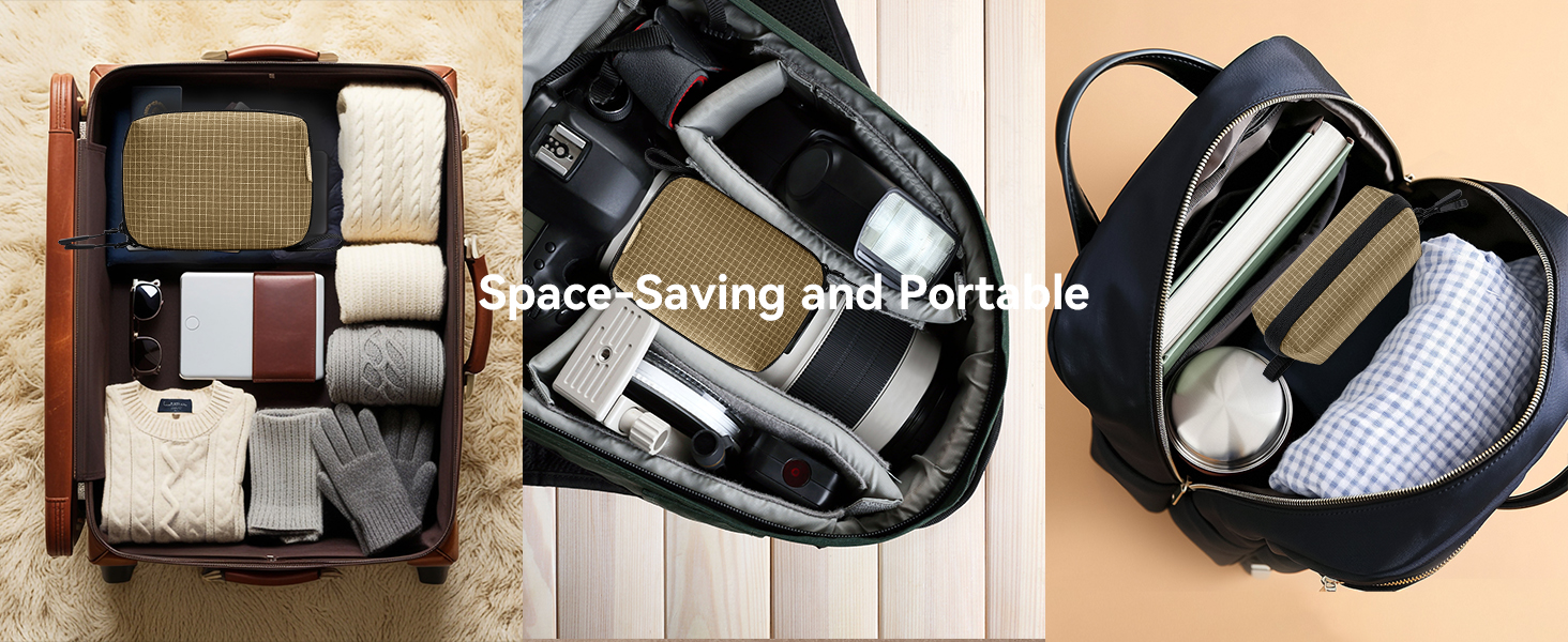 Text reads 'Space-Saving app part 4'. Collection of images showing various items packed in a black bag or case.