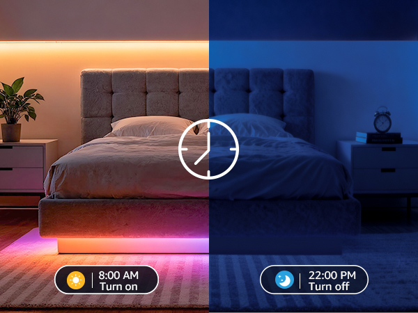 Text reads '8:00 AM Turn on' and '12:00 PM Turn off'. Split image showing bedroom lighting transition - warm ambient lighting on left, dark blue nighttime lighting on right.
