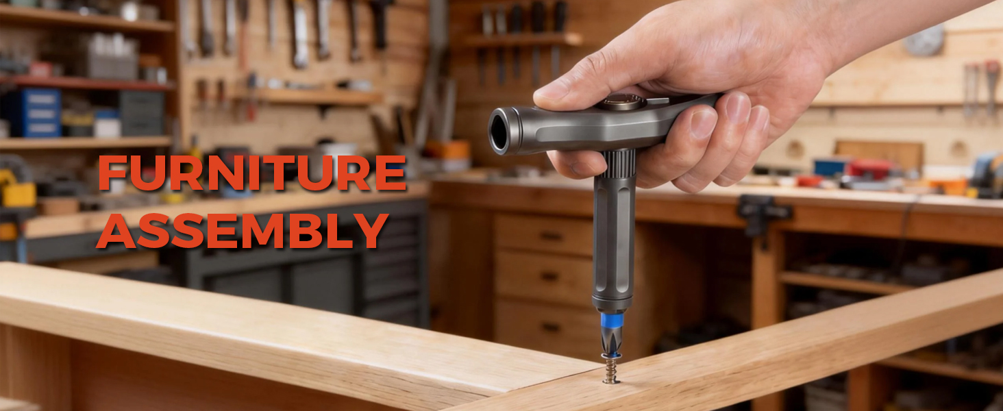 Text reads: 'FURNITURE ASSEMBLY'. Image shows hands using power tool on wooden furniture piece during assembly process.