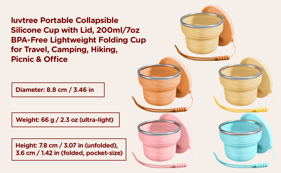 Silicone Collapsible Travel Cup with Lid, 7oz/200ml BPA-Free