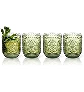 Topsky Vintage Drinking Glass Set of 4,12 oz Embossed Floral Drinkware Set,Green Drinking Glasses...