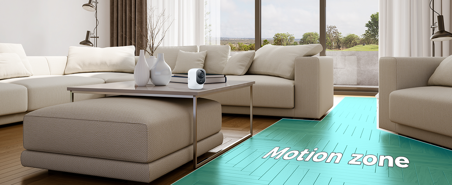Modern living room setup with light gray quilted sectional sofa and ottoman, featuring teal accent zone marker on floor.