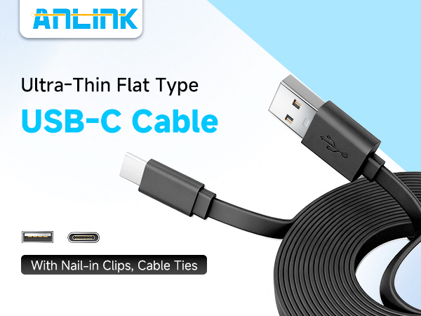 Close-up product shots of a black USB-C cable with flat design, showing connector detail and cable flexibility. Cable appears to have slim profile construction.