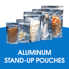 Five sizes of aluminum pouches lined up from smallest to largest on a blue and white background