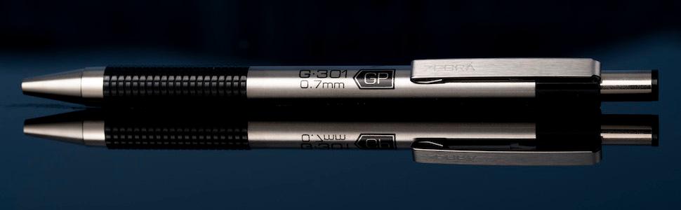 Zebra Pen G-301 retractable gel ink pen close up, available in black and blue ink, 0.7mm point size